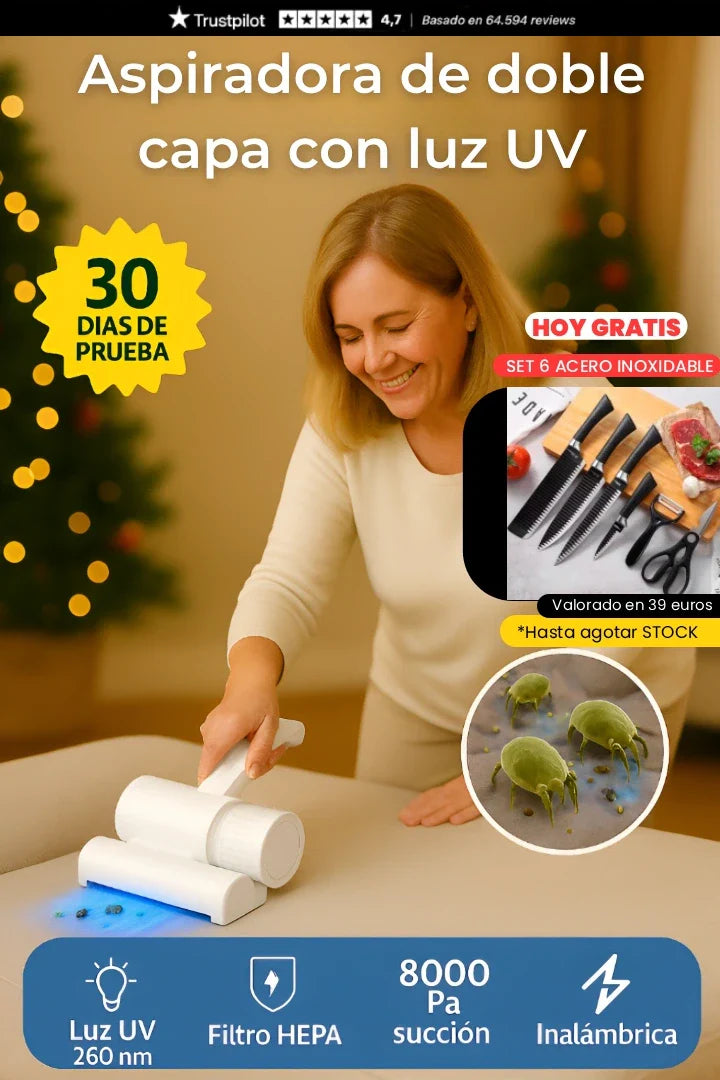 AspiraMax PRO™ — Limpieza profunda con luz UV esta Navidad: aspira y elimina ácaros, quita pelo de mascota y deja la casa impecable para recibir visitas sin preocuparte. *Inalámbrica (Hoy incluye SET COCINA 6 piezas acero inoxidable + ENVIO GRATIS)